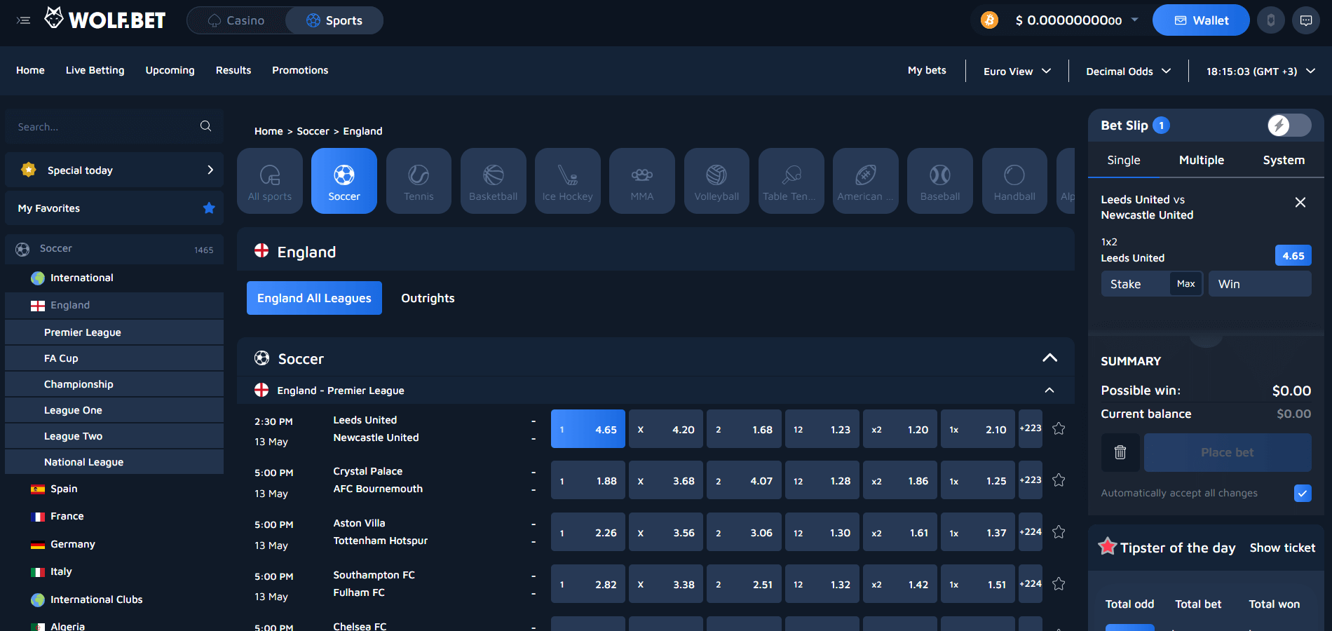 Page des paris sportifs Wolfbet