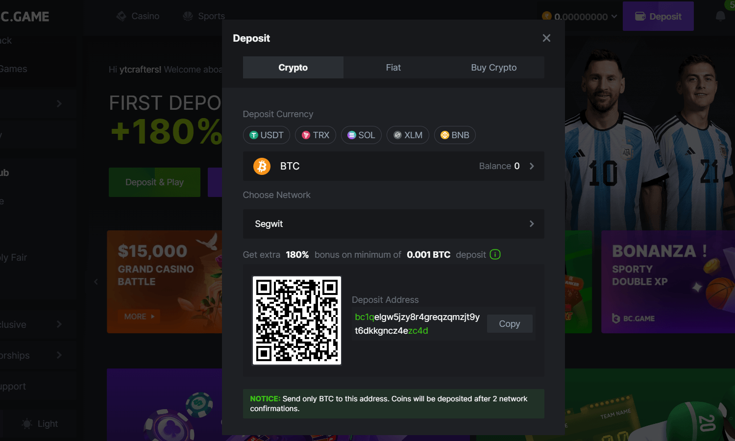 Page de dépôt BC.GAME