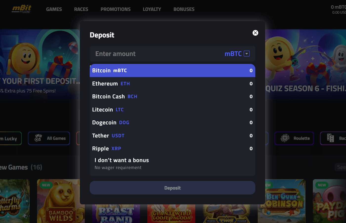 Page de dépôt mBitcasino.io