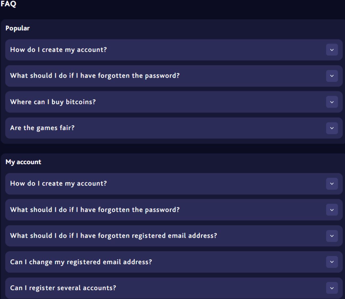 Section FAQ de 7bitcasino